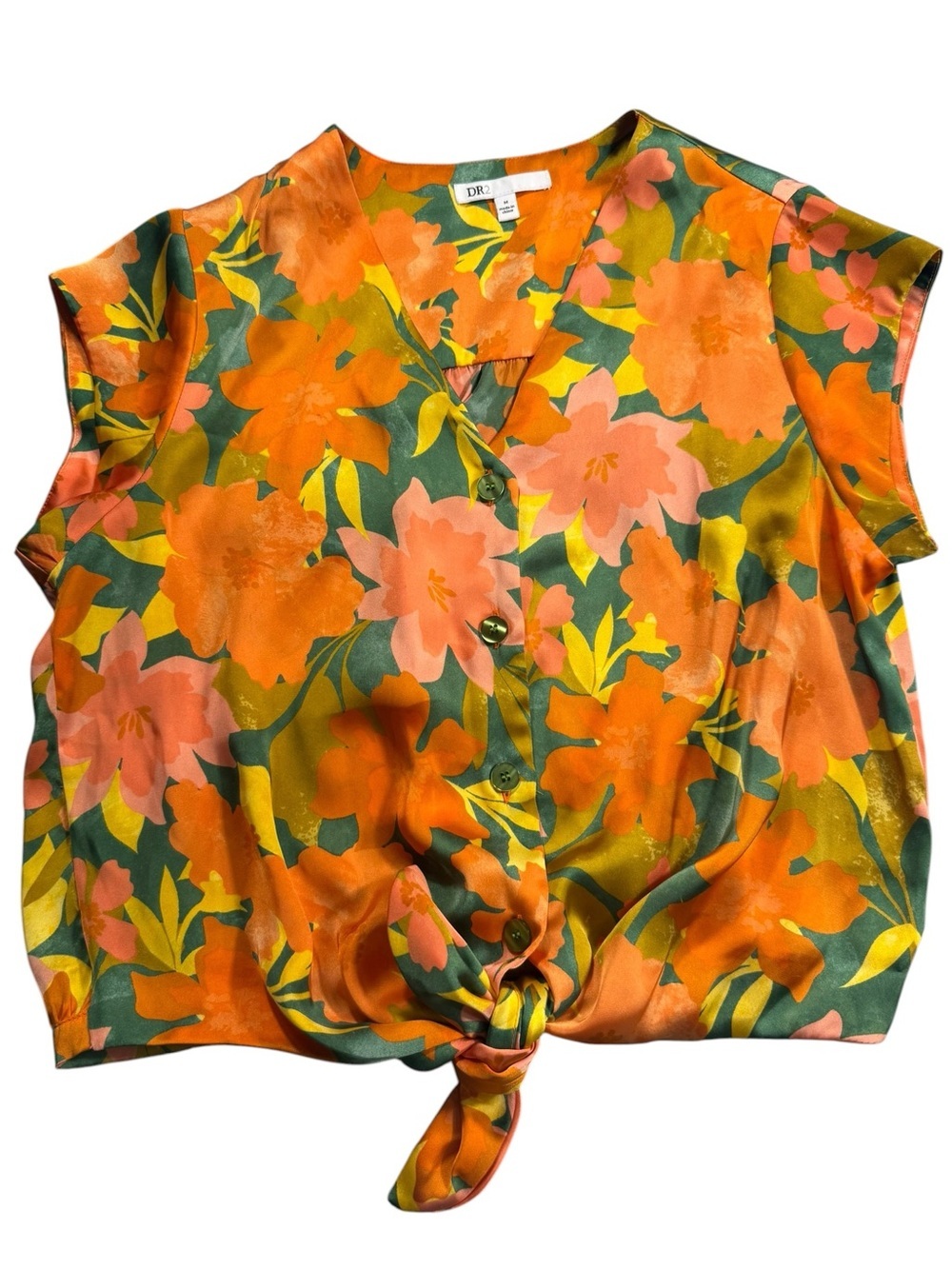 DR2 Medium Tropical Floral Satin Front Tie Crop Top Orange Green Resortwear